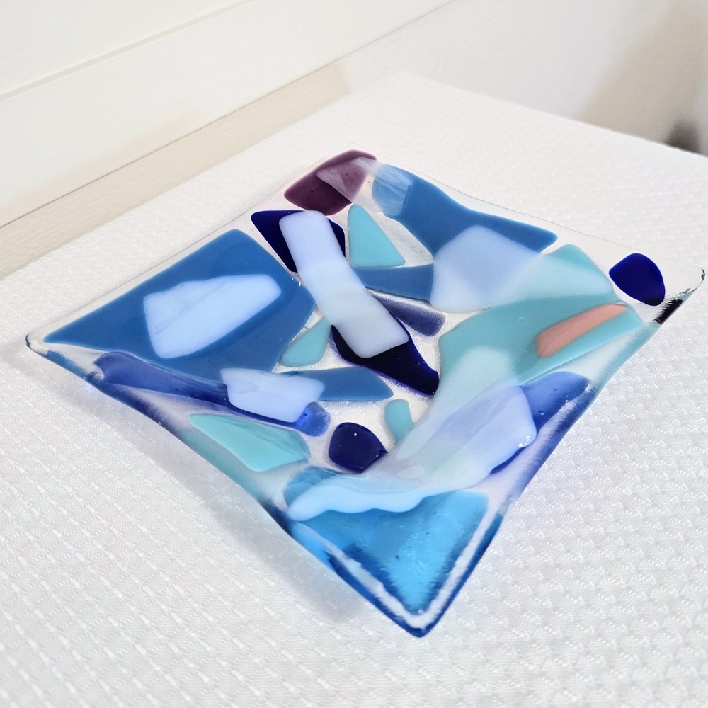 Fused Art Glass Trinket Dish Geometric Square Blue Decor Plate Jewelry Vanity